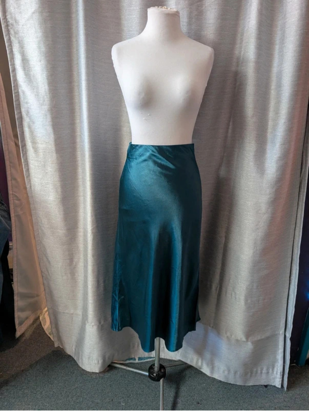 Teal Bias Cut Satin Midi Skirt S